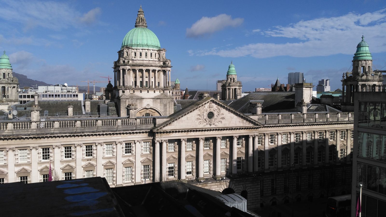Rooftop air conditioning plant installed by Devlin Mechanical on Lancashire House, overlooking Belfast City Hall